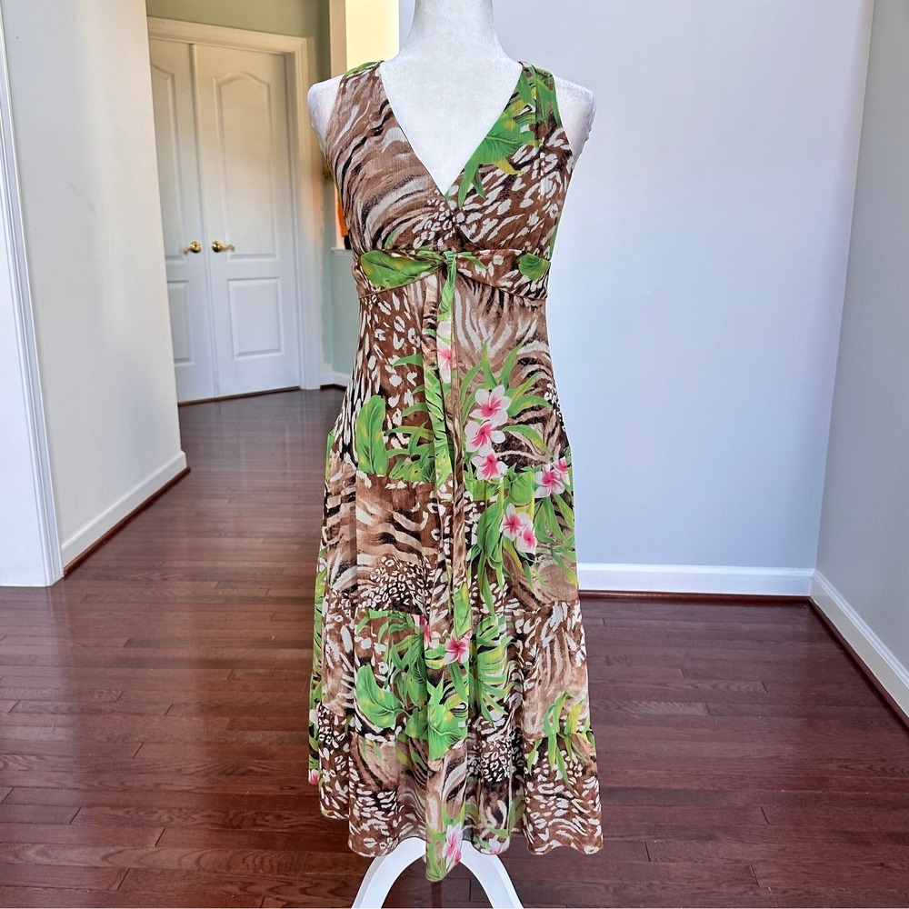 Vintage Y2K 2000s Connected Apparel Tropical Floral Print V Neck Midi Dress